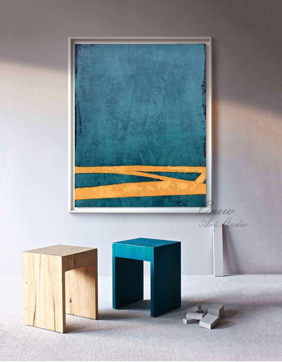 Large Abstract Oil Painting on Canvas, Original Blue and Orange Canvas Wall Art, Modern Minimalist Wall Art for Living Room, Bedroom Decor