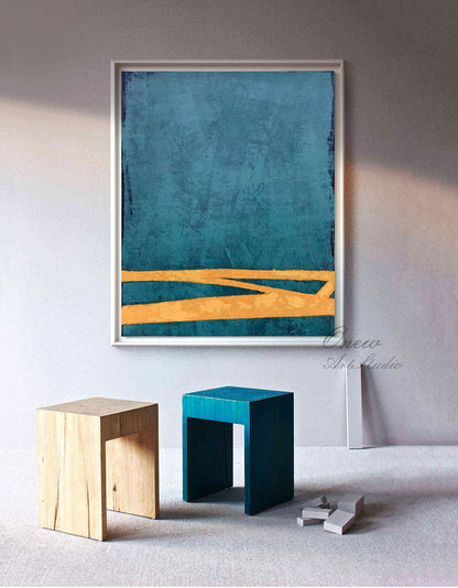 Large Abstract Oil Painting on Canvas, Original Blue and Orange Canvas Wall Art, Modern Minimalist Wall Art for Living Room, Bedroom Decor