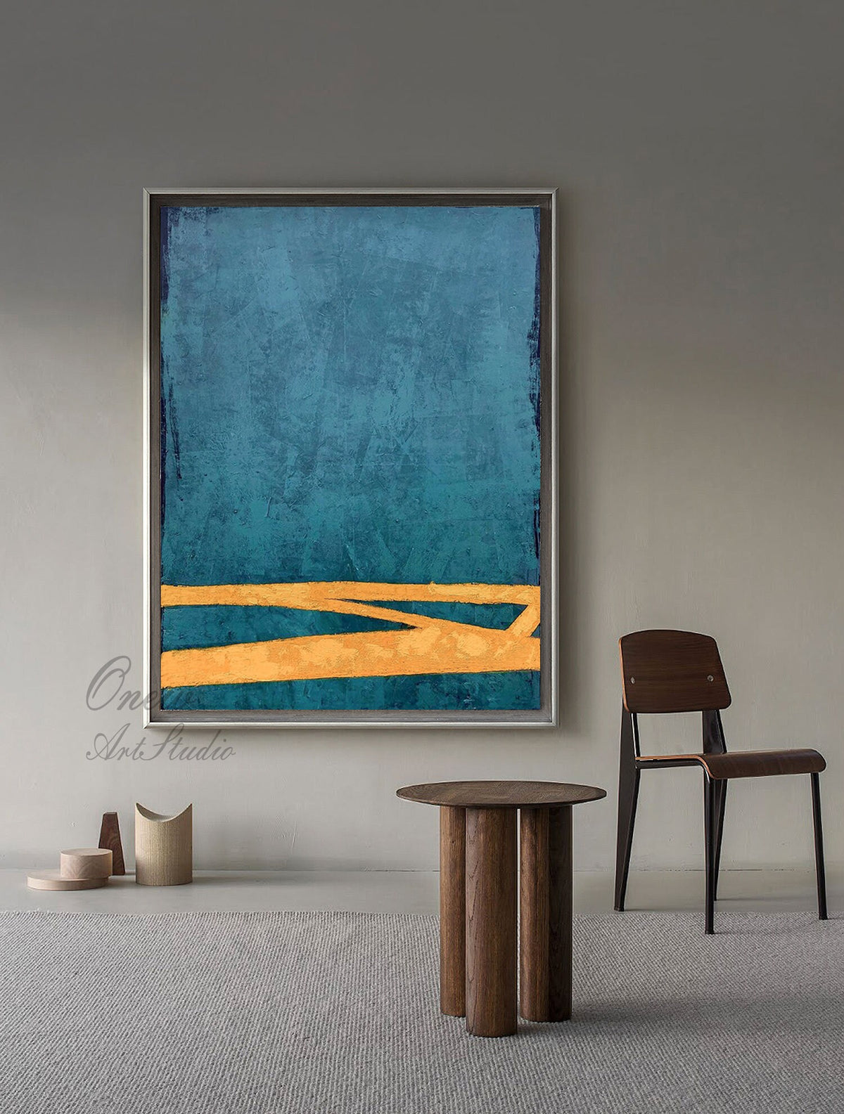 Large Abstract Oil Painting on Canvas, Original Blue and Orange Canvas Wall Art, Modern Minimalist Wall Art for Living Room, Bedroom Decor