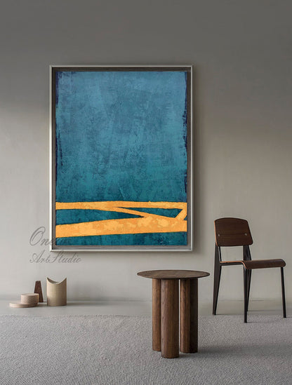 Large Abstract Oil Painting on Canvas, Original Blue and Orange Canvas Wall Art, Modern Minimalist Wall Art for Living Room, Bedroom Decor