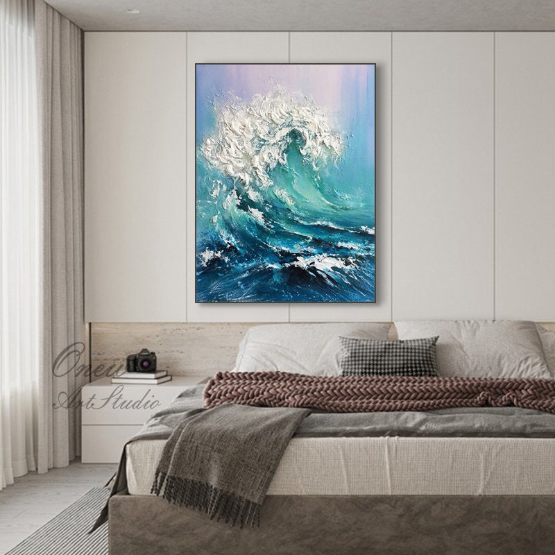 Large Abstract Ocean Waves Canvas Wall Art, Original Seascape Oil Painting on Canvas, Modern Textured Sea Waves Oil Painting for Living Room