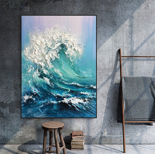 Large Abstract Ocean Waves Canvas Wall Art, Original Seascape Oil Painting on Canvas, Modern Textured Sea Waves Oil Painting for Living Room