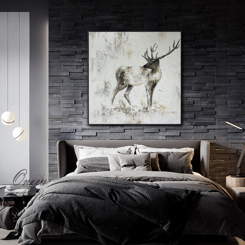 Large Abstract Deer Oil Painting on Canvas, Original Handmade Stag Canvas Wall Art, Modern Textured Animal Painting for Living Room Bedroom