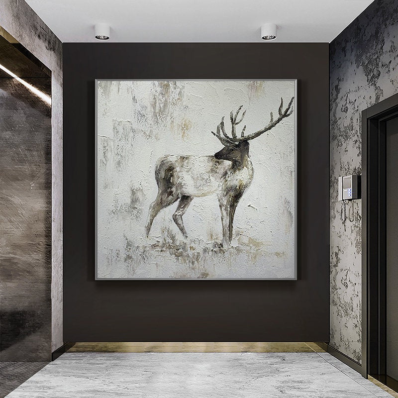 Large Abstract Deer Oil Painting on Canvas, Original Handmade Stag Canvas Wall Art, Modern Textured Animal Painting for Living Room Bedroom