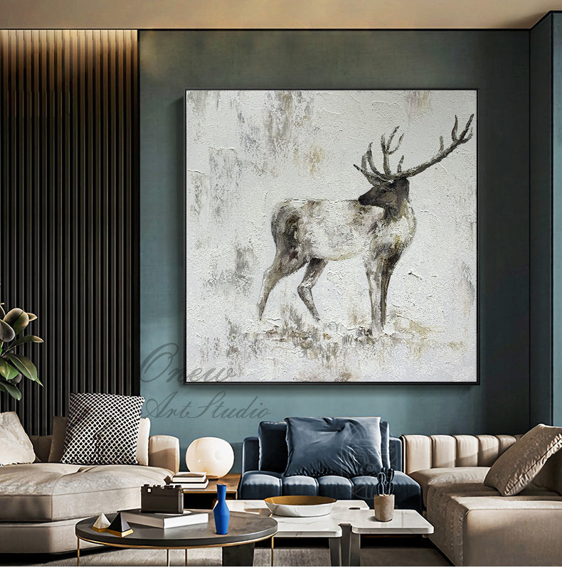 Large Abstract Deer Oil Painting on Canvas, Original Handmade Stag Canvas Wall Art, Modern Textured Animal Painting for Living Room Bedroom