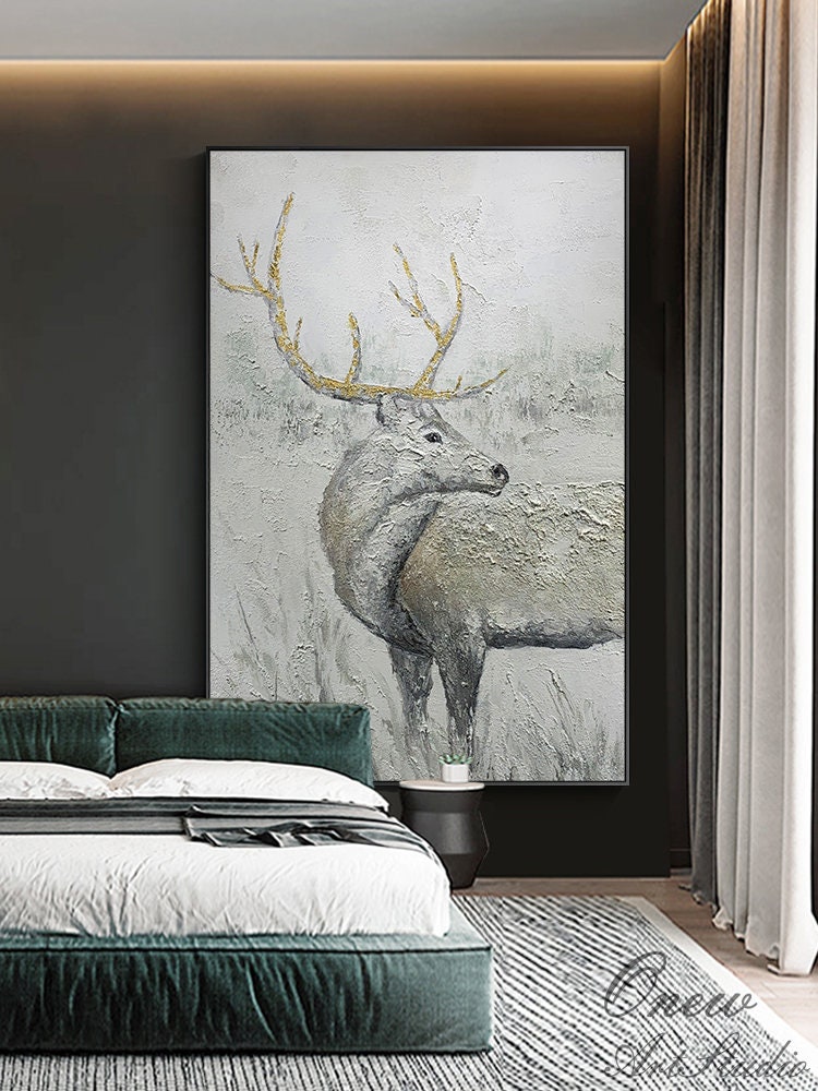 Abstract Deer Oil Painting on Canvas, Large Original Stag Canvas Wall Art, Modern Hand-painted Animal Painting for Living Room, Home Décor