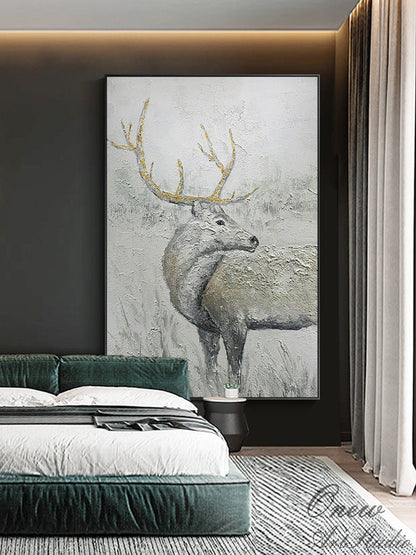 Abstract Deer Oil Painting on Canvas, Large Original Stag Canvas Wall Art, Modern Hand-painted Animal Painting for Living Room, Home Décor