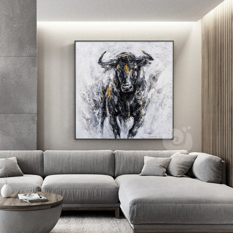 Abstract Bull Oil Painting on Canvas, Large Original Bull Canvas Wall Art, Modern Hand-painted Animal Painting for Living Room,bedroom Décor