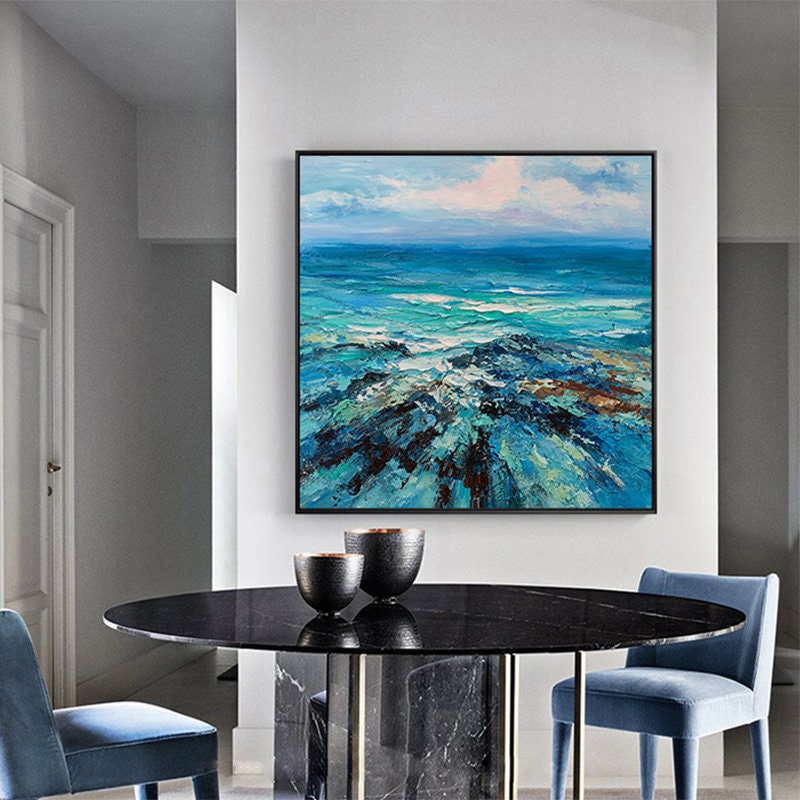 Mediterranean Seascape – Blue and White Ocean Wall Art | Abstract Textured Hand-Painted Oil Painting, view 2