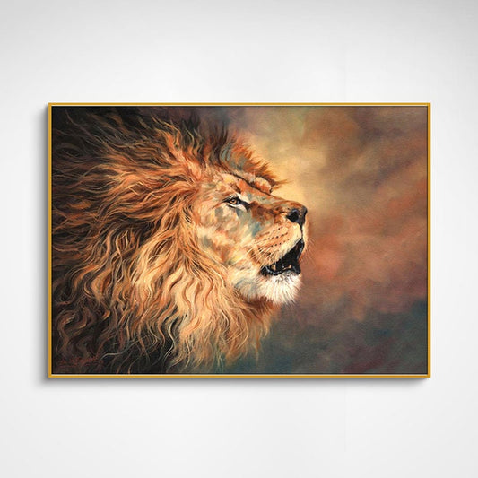 May include: A framed painting of a lion's head, rendered in warm tones of gold, brown, and orange. The lion is depicted roaring, with its mane flowing. The artwork is set against a blurred background.