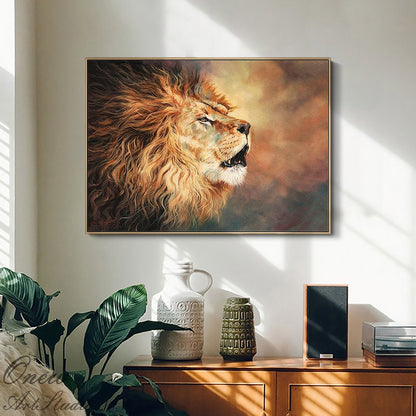 May include: A framed painting of a roaring lion with a golden mane. The artwork features warm tones of brown, orange, and gold, with a detailed depiction of the lion's face and fur. The painting is displayed on a white wall.