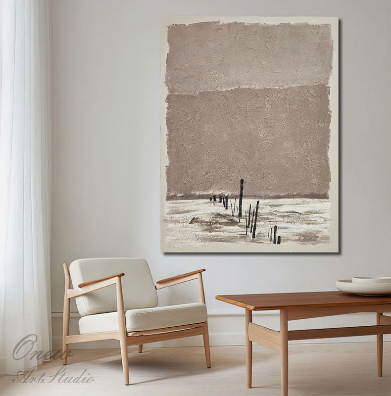 Brown and White Abstract Oil Painting on Canvas, Original Landscape Canvas Wall Art, Modern Minimalist Wall Art for Living Room, Home Décor