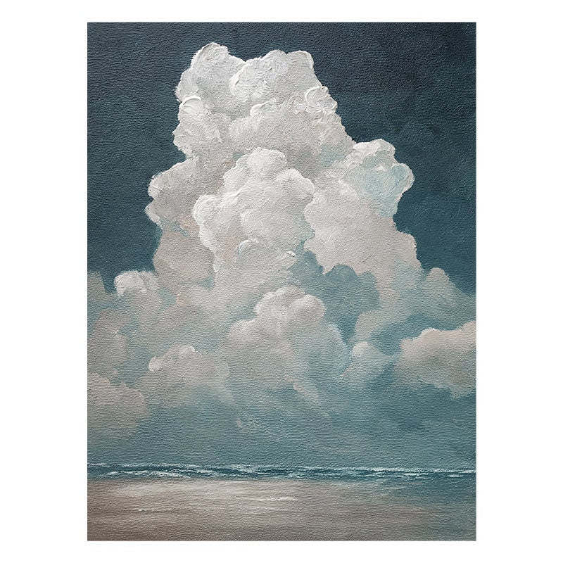 May include: An original oil painting of a cloudscape. The artwork depicts a large, fluffy white cloud against a backdrop of a dark teal sky. The bottom of the painting shows a light blue ocean and a sandy beach.