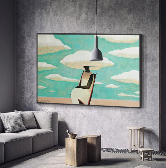 Large Abstract Black Woman Painting on Canvas, Original Beach and Clouds Canvas Wall Art, Modern Woman at Beach Painting for Living Room