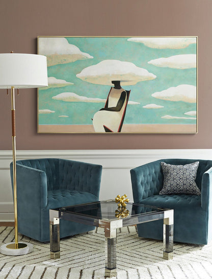 Large Abstract Black Woman Painting on Canvas, Original Beach and Clouds Canvas Wall Art, Modern Woman at Beach Painting for Living Room