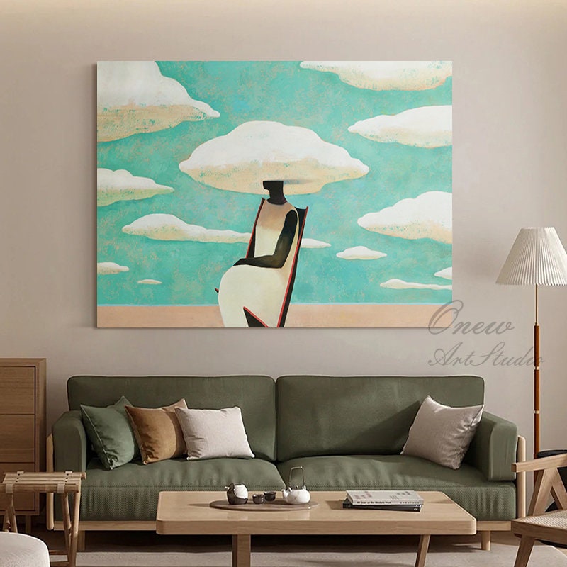 Large Abstract Black Woman Painting on Canvas, Original Beach and Clouds Canvas Wall Art, Modern Woman at Beach Painting for Living Room
