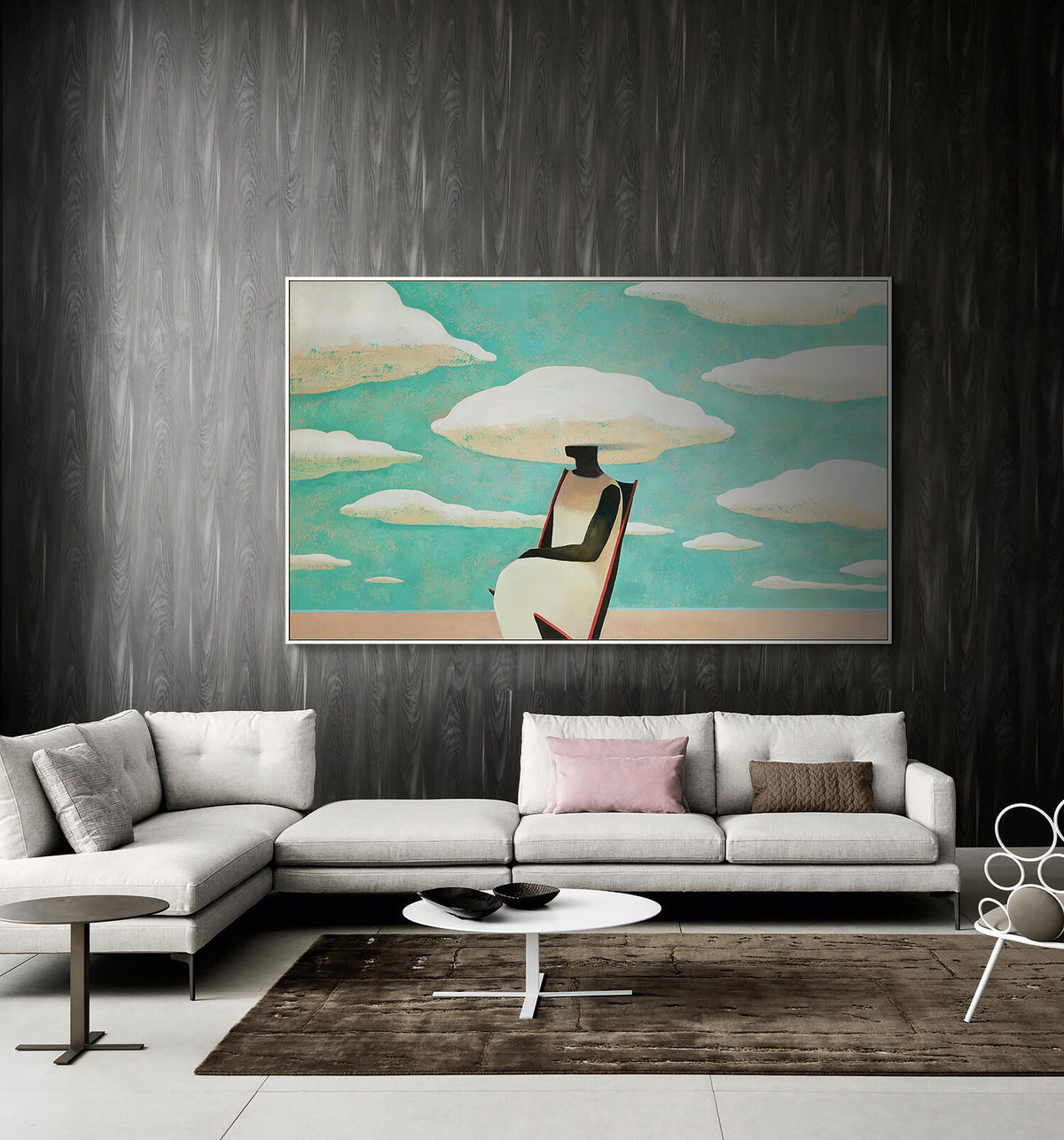 Large Abstract Black Woman Painting on Canvas, Original Beach and Clouds Canvas Wall Art, Modern Woman at Beach Painting for Living Room