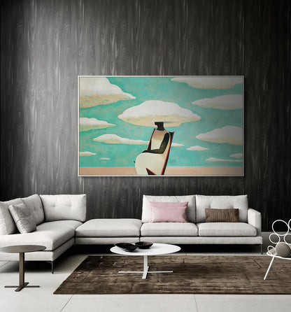 Large Abstract Black Woman Painting on Canvas, Original Beach and Clouds Canvas Wall Art, Modern Woman at Beach Painting for Living Room