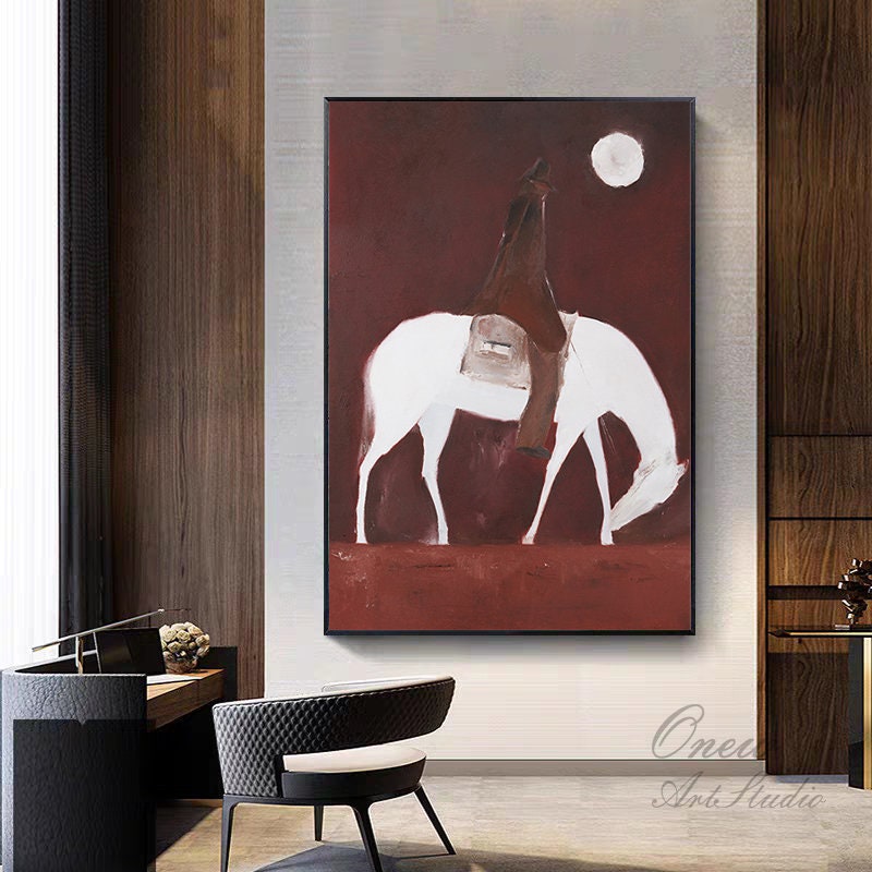 Abstract Horse Riding Oil Painting on Canvas, Original White Horse at Moonlit Night Canvas Wall Art,abstract Cowboy Painting for Living Room