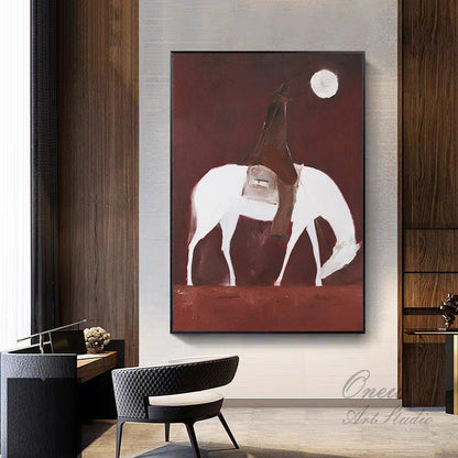 Abstract Horse Riding Oil Painting on Canvas, Original White Horse at Moonlit Night Canvas Wall Art,abstract Cowboy Painting for Living Room