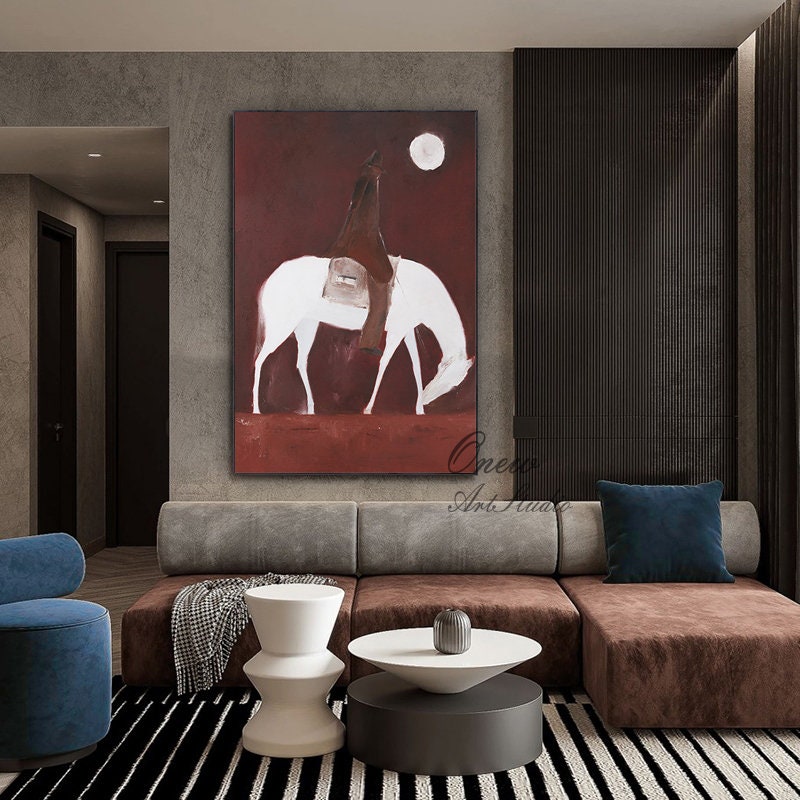 Abstract Horse Riding Oil Painting on Canvas, Original White Horse at Moonlit Night Canvas Wall Art,abstract Cowboy Painting for Living Room