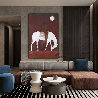 Abstract Horse Riding Oil Painting on Canvas, Original White Horse at Moonlit Night Canvas Wall Art,abstract Cowboy Painting for Living Room