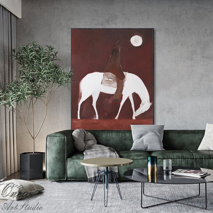 Abstract Horse Riding Oil Painting on Canvas, Original White Horse at Moonlit Night Canvas Wall Art,abstract Cowboy Painting for Living Room