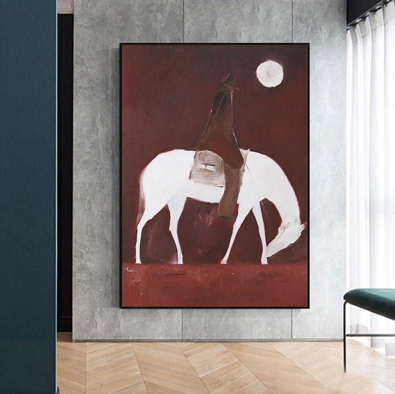Abstract Horse Riding Oil Painting on Canvas, Original White Horse at Moonlit Night Canvas Wall Art,abstract Cowboy Painting for Living Room