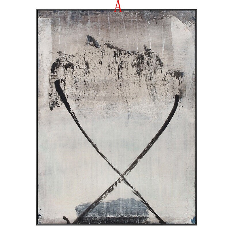 May include: Abstract painting with black brushstrokes on a white and gray background. The brushstrokes form a cross shape in the center of the canvas.