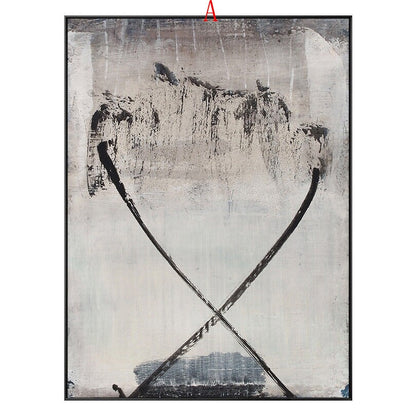 May include: Abstract painting with black brushstrokes on a white and gray background. The brushstrokes form a cross shape in the center of the canvas.