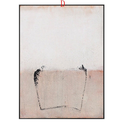 May include: Abstract painting with a black line drawing of a square shape on a light pink background. The top half of the painting is white.