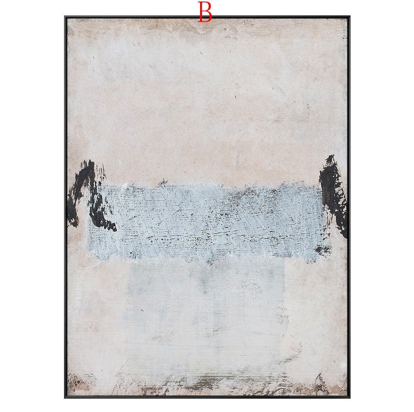 May include: Abstract painting with a light gray background and a horizontal band of blue paint. The painting is framed in black.