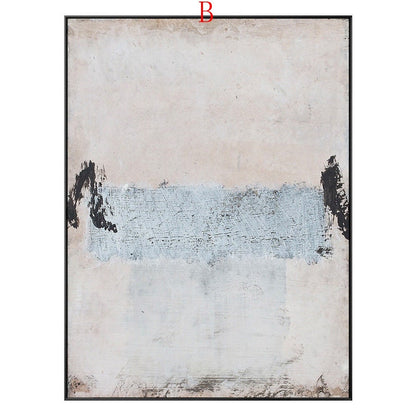 May include: Abstract painting with a light gray background and a horizontal band of blue paint. The painting is framed in black.