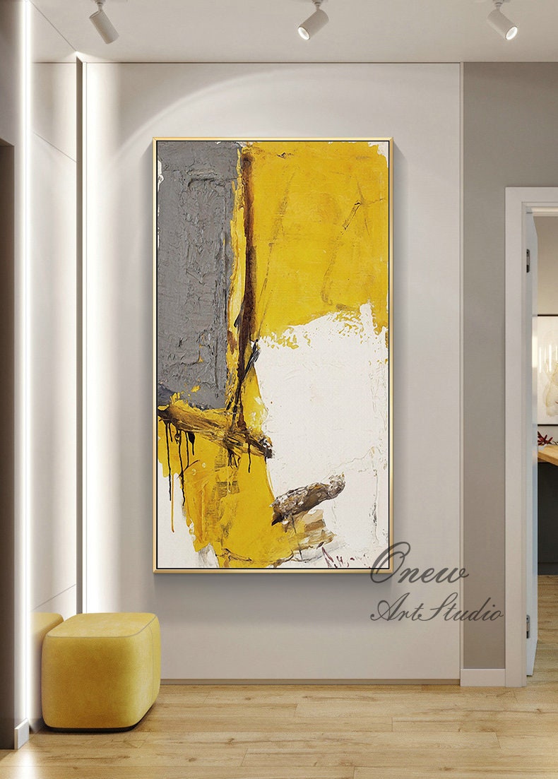 Large Abstract Oil Painting on Canvas, Original Yellow Gray and White Canvas Wall Art, Modern Minimalist Wall Art for Living Room,home Decor