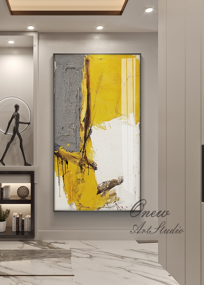 Large Abstract Oil Painting on Canvas, Original Yellow Gray and White Canvas Wall Art, Modern Minimalist Wall Art for Living Room,home Decor