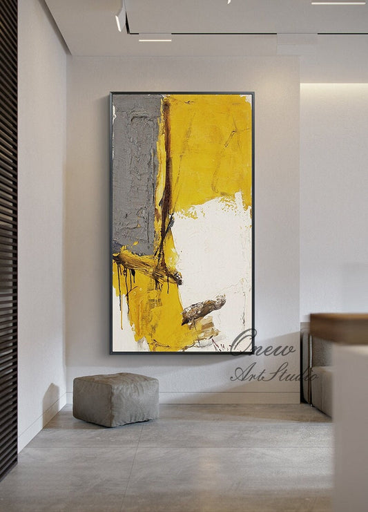 Large Abstract Oil Painting on Canvas, Original Yellow Gray and White Canvas Wall Art, Modern Minimalist Wall Art for Living Room,home Decor