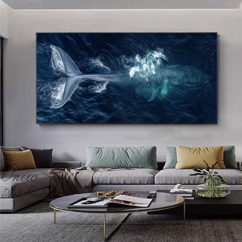 Original Whale Oil Painting on Canvas, Large Abstract Ocean Canvas Wall Art, Modern Animal Wall Art for Living Room, Bedroom Decor