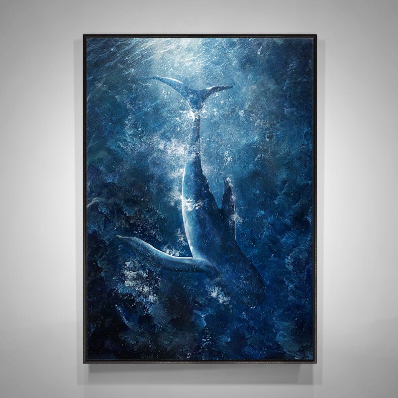 Original Whale Oil Painting on Canvas, Large Abstract Ocean Canvas Art, Seascape Painting, Modern Animal Wall Art for Living Room Bedroom