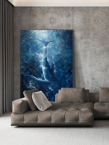 Original Whale Oil Painting on Canvas, Large Abstract Ocean Canvas Art, Seascape Painting, Modern Animal Wall Art for Living Room Bedroom