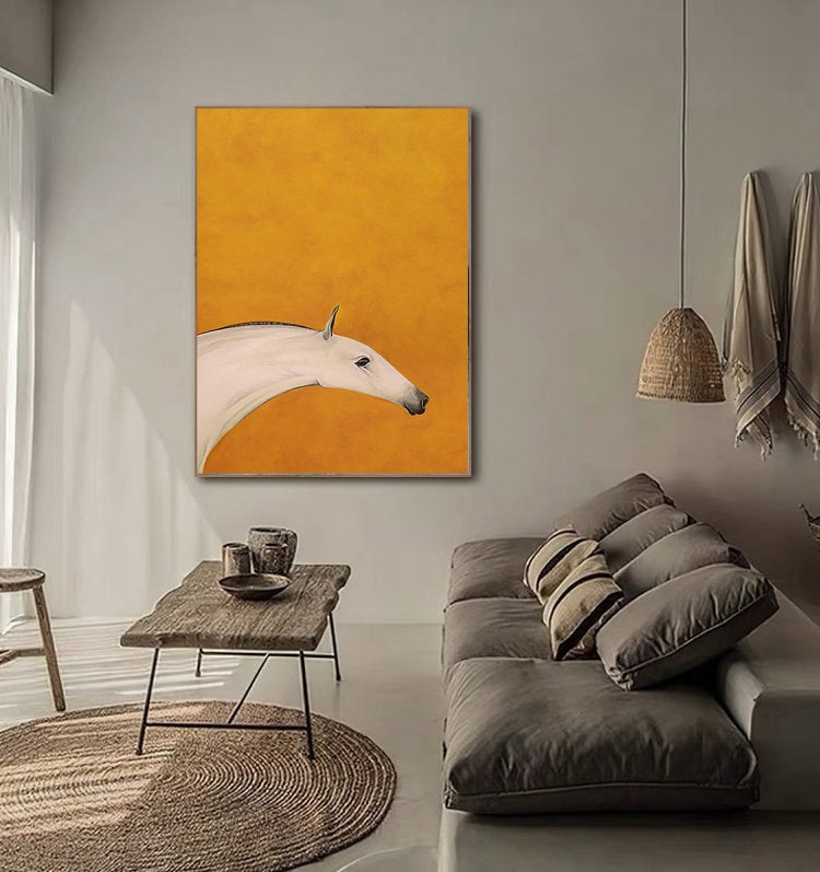 Abstract Horse Oil Painting on Canvas, Original Orange and White Canvas Wall Art, Modern Minimalist Animal Painting for Living Room Bedroom