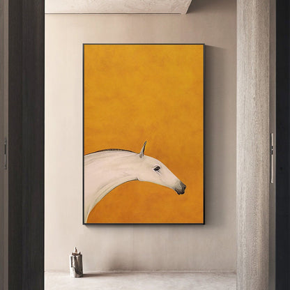 Abstract Horse Oil Painting on Canvas, Original Orange and White Canvas Wall Art, Modern Minimalist Animal Painting for Living Room Bedroom