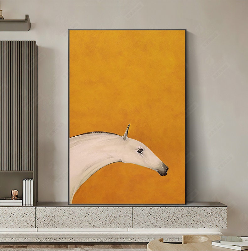 Abstract Horse Oil Painting on Canvas, Original Orange and White Canvas Wall Art, Modern Minimalist Animal Painting for Living Room Bedroom