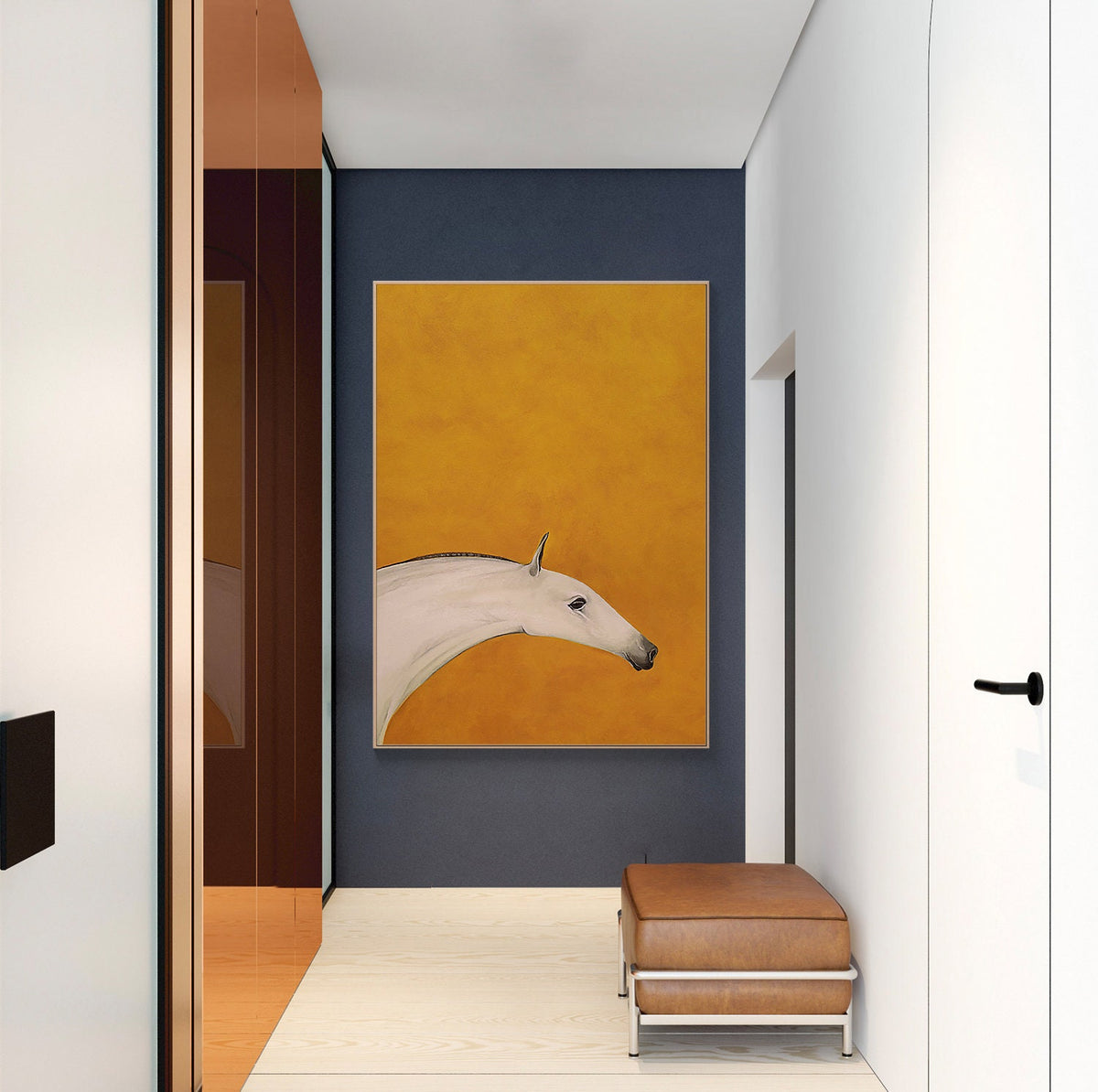 Abstract Horse Oil Painting on Canvas, Original Orange and White Canvas Wall Art, Modern Minimalist Animal Painting for Living Room Bedroom