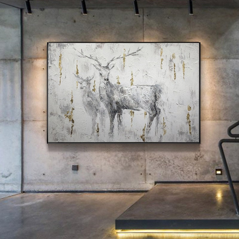 Large Abstract Deer Oil Painting on Canvas, Original Hand-painted Stag and Doe Canvas Art, Modern Textured Animal Wall Art for Living Room