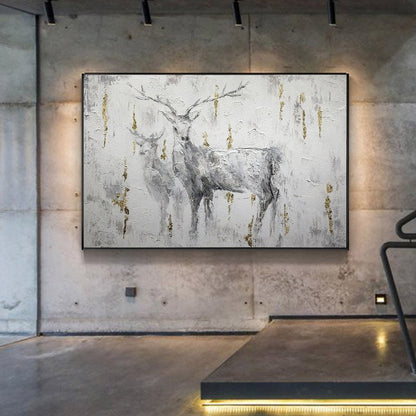 Large Abstract Deer Oil Painting on Canvas, Original Hand-painted Stag and Doe Canvas Art, Modern Textured Animal Wall Art for Living Room
