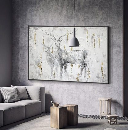 Large Abstract Deer Oil Painting on Canvas, Original Hand-painted Stag and Doe Canvas Art, Modern Textured Animal Wall Art for Living Room