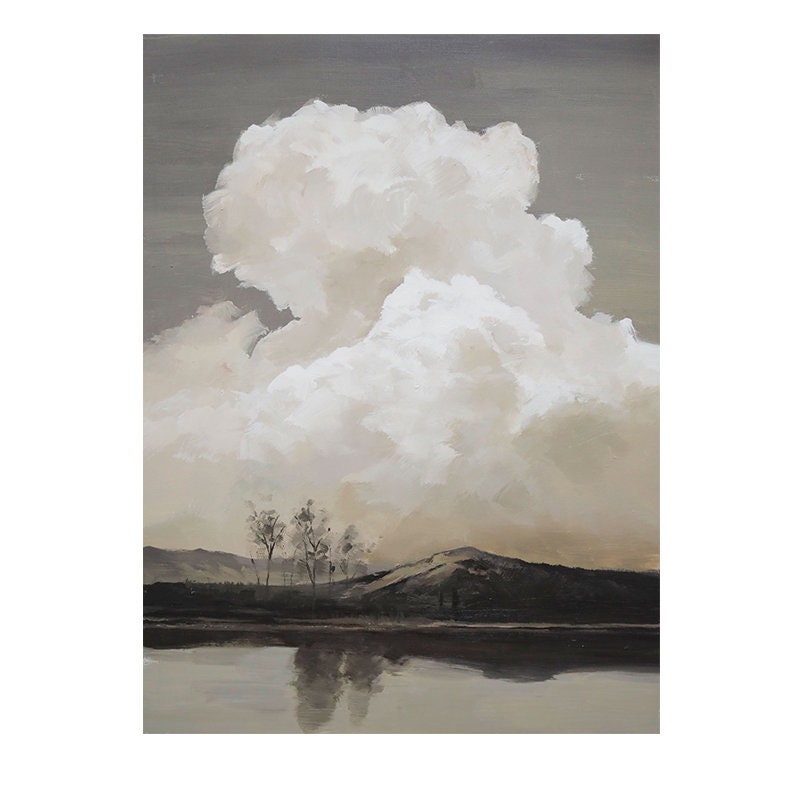 Abstract Landscape Oil Painting on Canvas, Original Mountain and River Canvas Wall Art, Modern Clouds Painting for Living Room, Home Décor