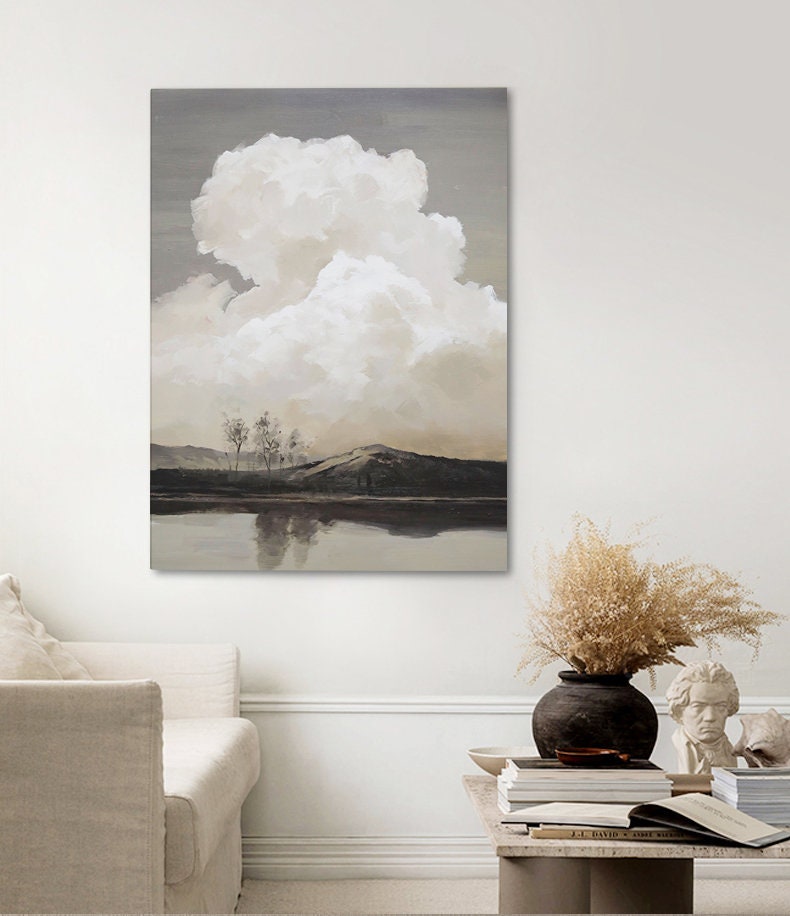 Abstract Landscape Oil Painting on Canvas, Original Mountain and River Canvas Wall Art, Modern Clouds Painting for Living Room, Home Décor