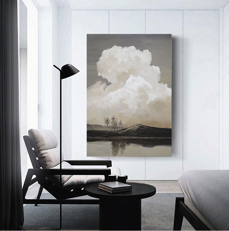 Abstract Landscape Oil Painting on Canvas, Original Mountain and River Canvas Wall Art, Modern Clouds Painting for Living Room, Home Décor