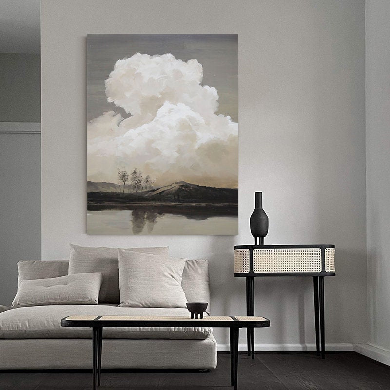 Abstract Landscape Oil Painting on Canvas, Original Mountain and River Canvas Wall Art, Modern Clouds Painting for Living Room, Home Décor